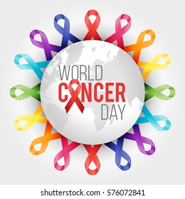 World cancer awareness ribbon background. February is month of cancer awareness in the world. Color ribbons. Vector illustration