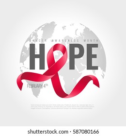 World cancer awareness ribbon background. February is month of cancer awareness in the world. Red ribbon. Vector illustration