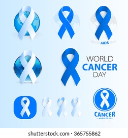 World Cancer. Carcinoma. Blue Ribbon Logo Collection.