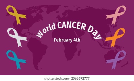 World Cancer Day 2025 concept vector illustration. 4th February World Cancer Day poster, template or banner background. A human centered approach to cancer care. Purple background, awareness ribbons.
