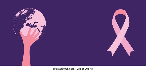 World Cancer Day 2025 concept vector. 4th February World Cancer Day poster, template or banner background. Purple background, world hand, pink awareness ribbon.