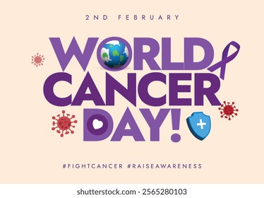 World Cancer day. 2nd February Cancer day celebration banner with earth globe, virus icons, protection shield, purple ribbon, Cancer awareness social media post. 