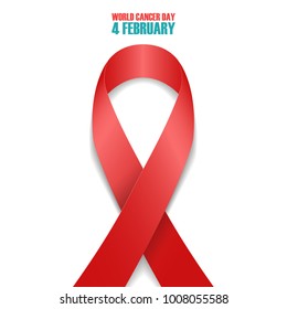 World Cancer Day, 4 february awareness day symbol. Realistic red ribbon on white background. Vector illustration.