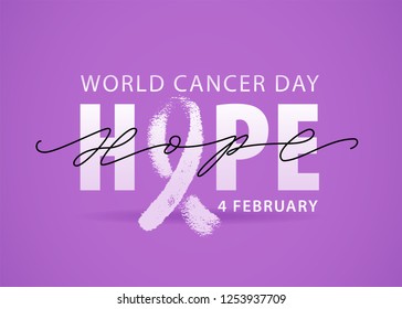 World cancer day 4 february. Violet background. White Hope word with ribbon symbol. Vector illustration text concept for world cancer day. Typography design for poster banner and post on social media.