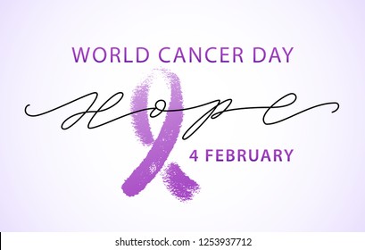 World cancer day 4 february text. Hope word with violet ribbon symbol. Vector illustration concept for world cancer day. Typography design for poster banner and post on social media.