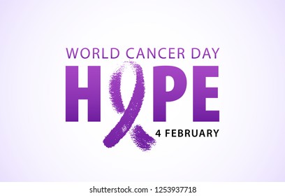 World cancer day 4 february text. Typography design for poster banner and post on social media. Hope word with violet ribbon symbol. Vector illustration concept for world cancer day.