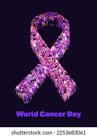 World Cancer Day 4 February. Large group of people form to create a purple ribbon. Cancer awareness poster. Flat vector illustration isolated on black background