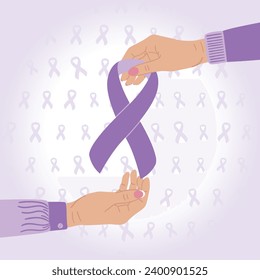 World Cancer Day 4 February. Female hands give and take purple ribbon. Nobody fights alone. Cancer prevention and health care poster. Hand drawn vector illustration. Square poster