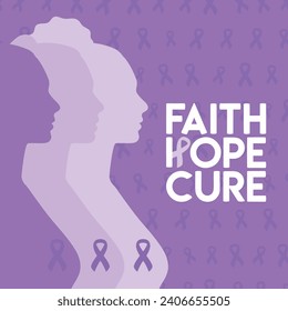 Día Mundial del Cáncer, 4 de febrero. Fe, esperanza, frase curativa. Silueta femenina con cintas moradas en el pecho. Prevención del cáncer e ilustración del vector de atención de la salud. Afiche cuadrado