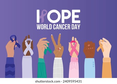 World Cancer Day 4 February. Pink, blue, yellow, white, teal cancer ribbons on raised fists, V-sign gesture. Hope phrase. Cancer prevention and health care hand drawn vector illustration