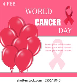World cancer day , 4 February . Banner, background, poster . Pink ribbon and pink balloons. Vector illustration