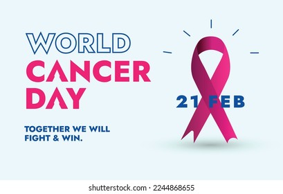 world cancer day. world cancer day awareness banner. 4 February world  cancer day banner with pink ribbon on cyan background. cancer awareness campaign. together we will fight and win. vector 