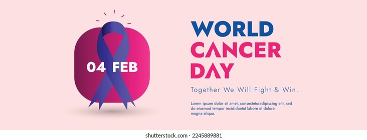 World cancer day. world cancer day awareness banner. 4 February world  cancer day banner with purple ribbon on pink background. cancer awareness campaign. together we will fight and win. 4th February.