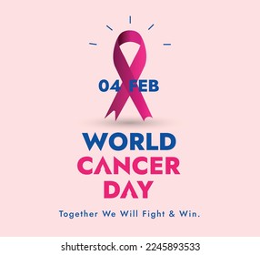 World cancer day. world cancer day awareness banner. 4 February world  cancer day banner with purple ribbon on pink background. cancer awareness campaign. together we will fight and win. 4th February.