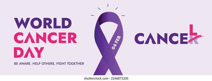 world cancer day. world cancer day awareness banner with purple ribbon. 4 February world cancer day Close the care gap. lavender ribbon sign for cancer day. vector illustration. social media post. 