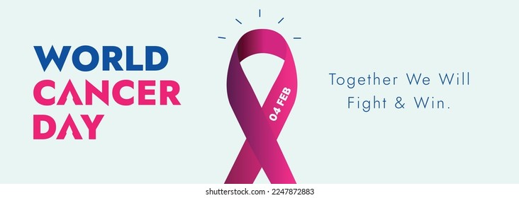 World cancer day. world cancer day awareness banner. 4 February world  cancer day banner with purple ribbon on pink background. cancer awareness campaign. together we will fight and win. 4th February.