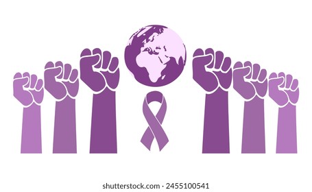 Día Mundial del Cáncer, Concepto de Conciencia del Cáncer Con Cintas de Color Púrpura, celebrando la vida de guerreros valientes 