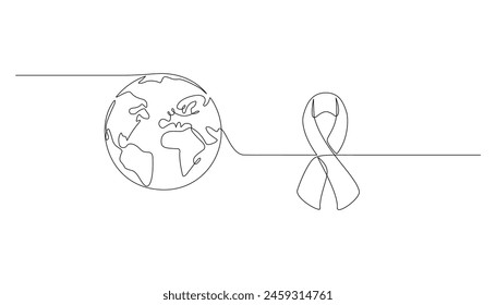 Día Mundial del Cáncer, Cancer Awareness Concept una línea de arte Cinta, celebrando las vidas de guerreros valientes y el mundo globo planeta tierra	