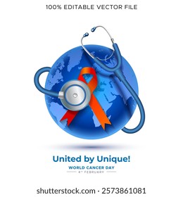 World cancer day awareness concept. Mediacal stethoscope with world globe and cancer symbol.