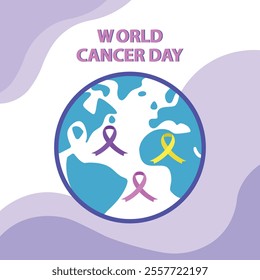 World Cancer Day Awareness Illustration with Purple and Yellow Ribbons.