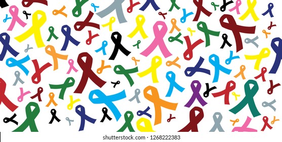 World cancer day Awareness month on february Color ( orange pink rose purple red blue yellow green ) ribbons background for supporting people living and illness. Healthcare and medicine concept Stop