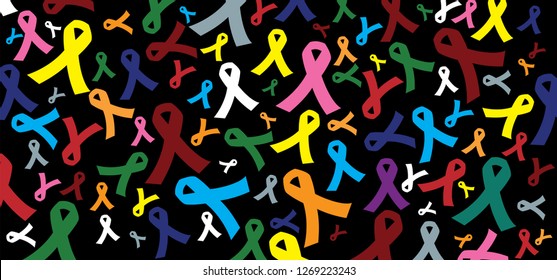 World cancer day Awareness month on february Color ( orange pink rose purple red blue yellow green ) ribbons background for supporting people living and illness. Healthcare and medicine concept Stop