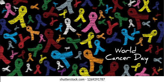 World cancer day Awareness month on february Color ( orange pink rose purple red blue yellow green ) ribbons background for supporting people living and illness. Healthcare and medicine concept Stop