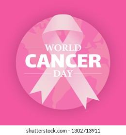  World Cancer Day with cancer awareness pink ribbon over globe on pink background, February, 4th. Vector Illustration