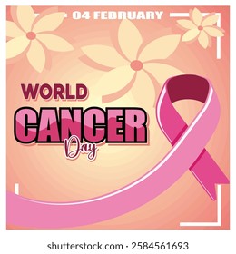 World Cancer Day. Cancer awareness with a pink ribbon and floral elements against a warm background. Flat vector modern illustration 