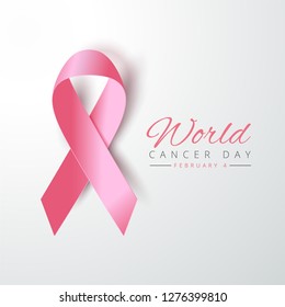 world cancer day awareness with realistic pink ribbon