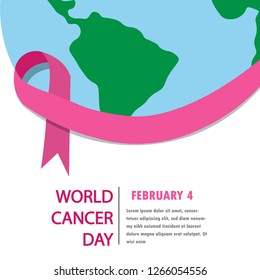 World Cancer Day Background. Is a pink ribbon Surround the world.Vector Illustration.
