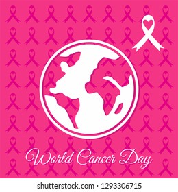 World Cancer Day Background with Ribbon Symbol and Earth Illustration