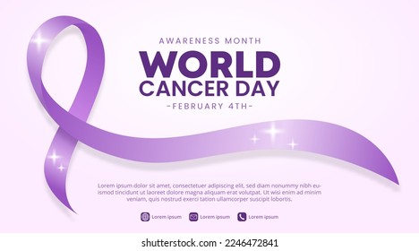 World cancer day background with a shining purple ribbon with sparkles