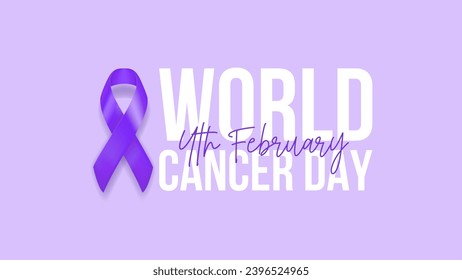 World Cancer Day background. Vector illustration with realistic purple satin ribbon. Symbol of World Cancer Day isolated on lavender background for decoration posters, social media, promo company.