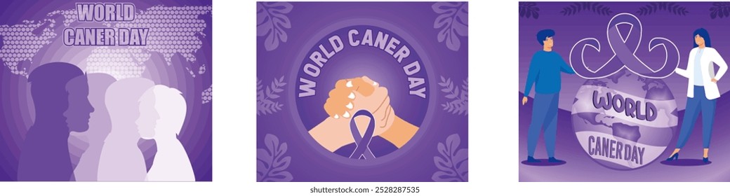 Banner do Dia Mundial do Câncer. Sensibilização, prevenção, detecção, tratamento.  Médica segurando símbolo de consciência de câncer de fita vermelha. Definir ilustração moderna de vetor plano 