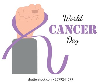 World cancer day banner. Awareness of cancer disease. Raised fist tied with a lavender ribbon as a symbol of the fight against cancer. Hand drawn vector illustration in flat style. 4 February