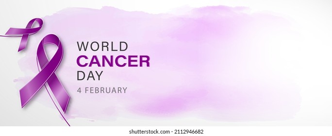 World cancer day banner background with purple awareness ribbons and copy space 