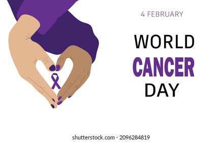 World Cancer Day banner. Hands making heart shape holding awareness ribbon