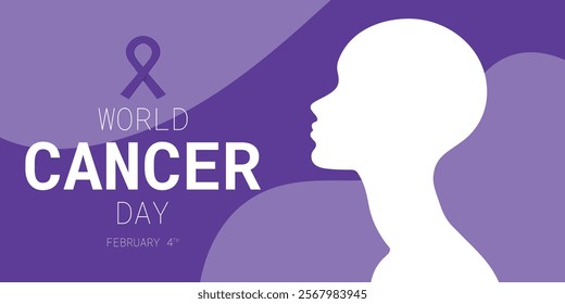 World Cancer Day banner with human profile silhouette and purple ribbon. Cancer Day February 4th. Vector illustration