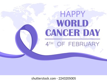 Cartel del Día Mundial del Cáncer. Cinta de lavanda y mapa del mundo, texto "feliz día mundial del cáncer"