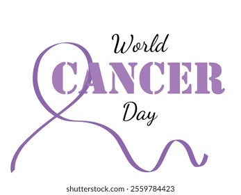 World cancer day banner with lavender purple ribbon frame. Hand drawn vector illustration in flat style. February 4th international awareness cancer day design. Sticker, icon, print flyer