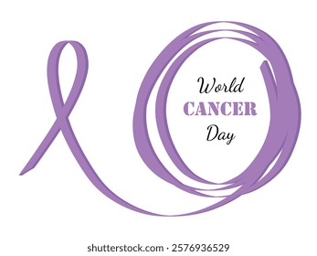 World cancer day banner with lavender purple ribbon frame. Hand drawn vector illustration in flat style. February 4th international awareness cancer day design. Sticker, icon, print flyer