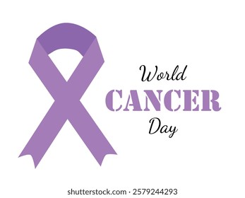 World cancer day banner with lavender purple ribbon frame. Hand drawn vector illustration in flat style. February 4th international awareness cancer day design. Sticker, icon, print flyer