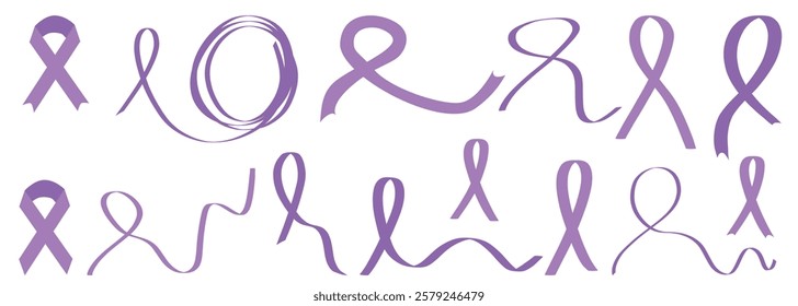 World cancer day banner with lavender purple ribbons. Hand drawn vector illustration in flat. February 4th international awareness cancer day design. Sticker, icon, print flyer. Set of purple ribbon