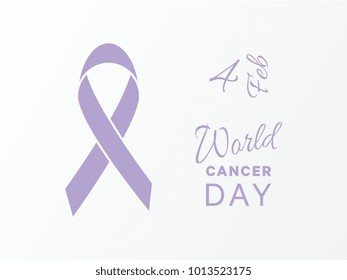 world cancer day banner layout design with text and lavender ribbon on white background