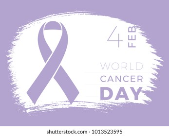 world cancer day banner layout design with text and lavender ribbon on white background in shape of brush stroke