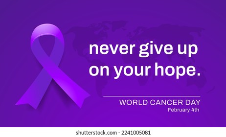 World Cancer Day banner with purple ribbon. Motivational quote for cancer awareness or campaign