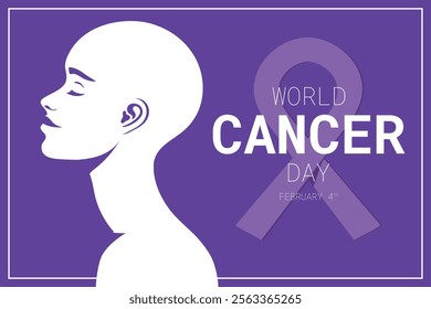 World Cancer Day banner with purple ribbon and woman profile. Awareness day, Cancer Day. Vector illustration