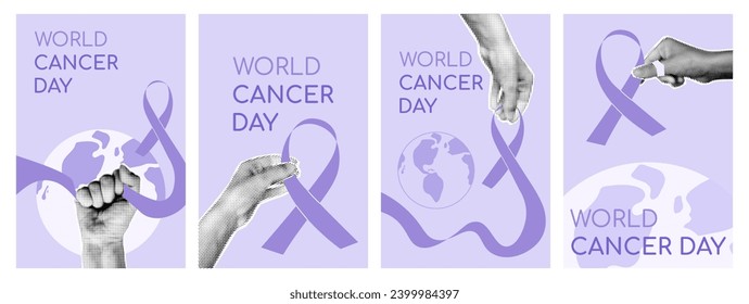 World Cancer day banner templates set with halftone hands holding purple ribbons. Minimalist background with collage elements for mixed media design. Modern retro vector illustration