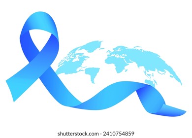 World Cancer Day. Blue realistic ribbon on the background of the world map. Celebrate World Cancer Day on February 4. Png template for banners, posters, social media, etc.	
